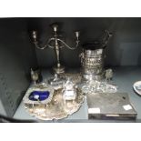 A selection of metal and plated wares including serving sets and sifter