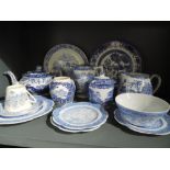 A selection of blue and white ware ceramics including Masons and Burleigh ware