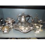 A selection of metal table and plated wares including fruit bowl and tea set