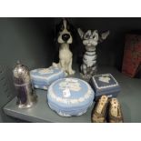 Two Pets with Personality figurines, Three pieces of jasper ware and some tiny hand sewn shoes