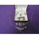 A small selection of marcasite jewellery including necklaces, brooch and clip earrings