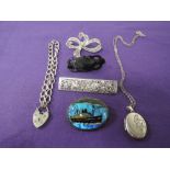 A small selection of white metal including locket, brooches, bracelet etc