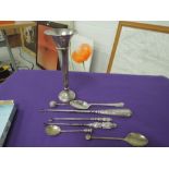 A small selection of HM silver including button hooks, teaspoons, stem vase and a white metal napkin