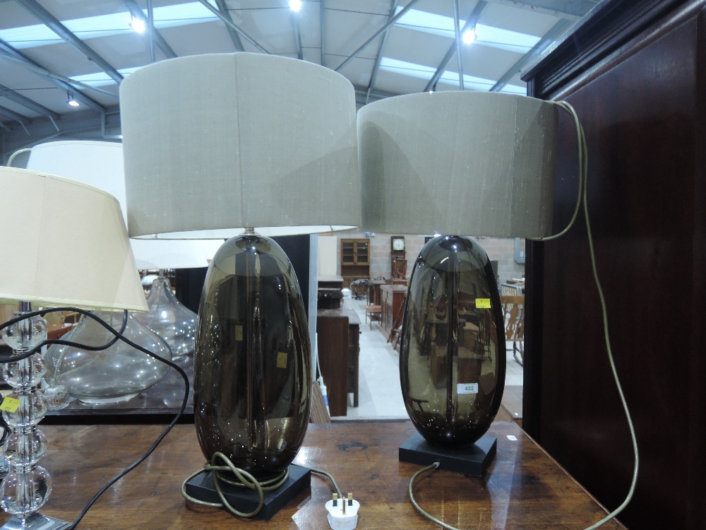 A pair of modern table lamps having smoked glass bases