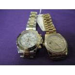 A gents gold plated wrist watch stamped Rolex having diamante dot dial, calendar aperture and