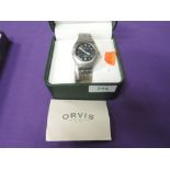 A gents Orvis wrist watch having baton dial to black face on steel bracelet strap, with box