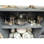 A selection of metal table and plated wares including fruit bowl and tea set