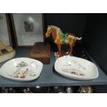 Two ceramic bowls hand decorated with African art a similar mask and box and a ceramic horse figure