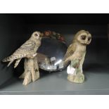 Two decorative owl figures one by Teviotdale and a plaster surround mirror