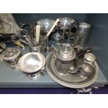 A selection of metal and plated wares including teapot and cream jug