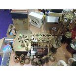A selection of brass wares and fire side items including companion set
