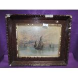 An oil on board depicting sail boats and skiff