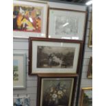A selection of prints and original art works including Rosina Wachtmeister Cat print