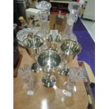 A selection of clear cut crystal wares including candle stick pair