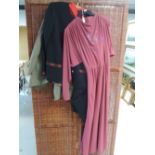 A lot of three vintage ladies items including a 1970s pink maxi dress and two suit sets.small to
