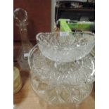A selection of clear cut crystal glass wares including footed cake stand