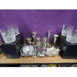 A selection of plated wares including flower vase and Cavalier spirit goblet