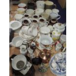 A selection of tea cups and love cups including Royal Albert OCR tennis set