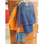 Five ladies vintage items including A navy blue suit, an orange suede jacket, knitted top, tartan