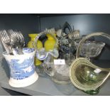 A selection of glass wares including yellow vase pair