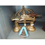 A kitchen scale set painted gold with weight set etc