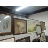 A selection of farm related art works including Shepherd and sheep oil and shire horse sketch