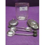 A selection of HM silver items including lidded dressing table pot and spoon