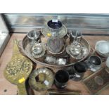 A selection of metal and plated wares including pierced and decorated copper gallery tray and