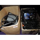 Two boxes of audio leads, lighting controller etc