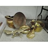 A selection of vintage brass and copper wares including hand worked copper tray and coal bucket