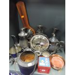 A selection of metal and plated wares including tea set and candle stick