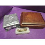 An art nouveau cigarette box reg no. 663315, similar leather humidor and lighter