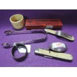 A selection of trinkets and cutlery including fold away camping set and Georian HM silver