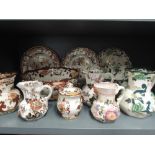 A selection of ceramics by masons including large footed fruit bowl and jugs