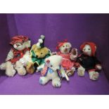 Five House of Nisbet jointed bears, Eric Jon, height 11 inches, Clown, height 11 inches, Anything,