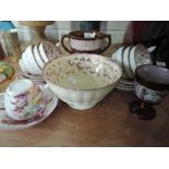 A selection of pink Sunderland lustre ceramics including Goblet and footed bowl