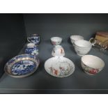 A selection of Chinese export tea bowls and saucers including hand decorated enamel scene of tea