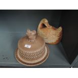 Two lidded kitchen wares including mouse cheese dish and duck tureen