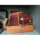 A selection of treen items including box and letter rack and leather bag