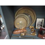 A selection of brass and copper wares including Kitchen utensil and rack set