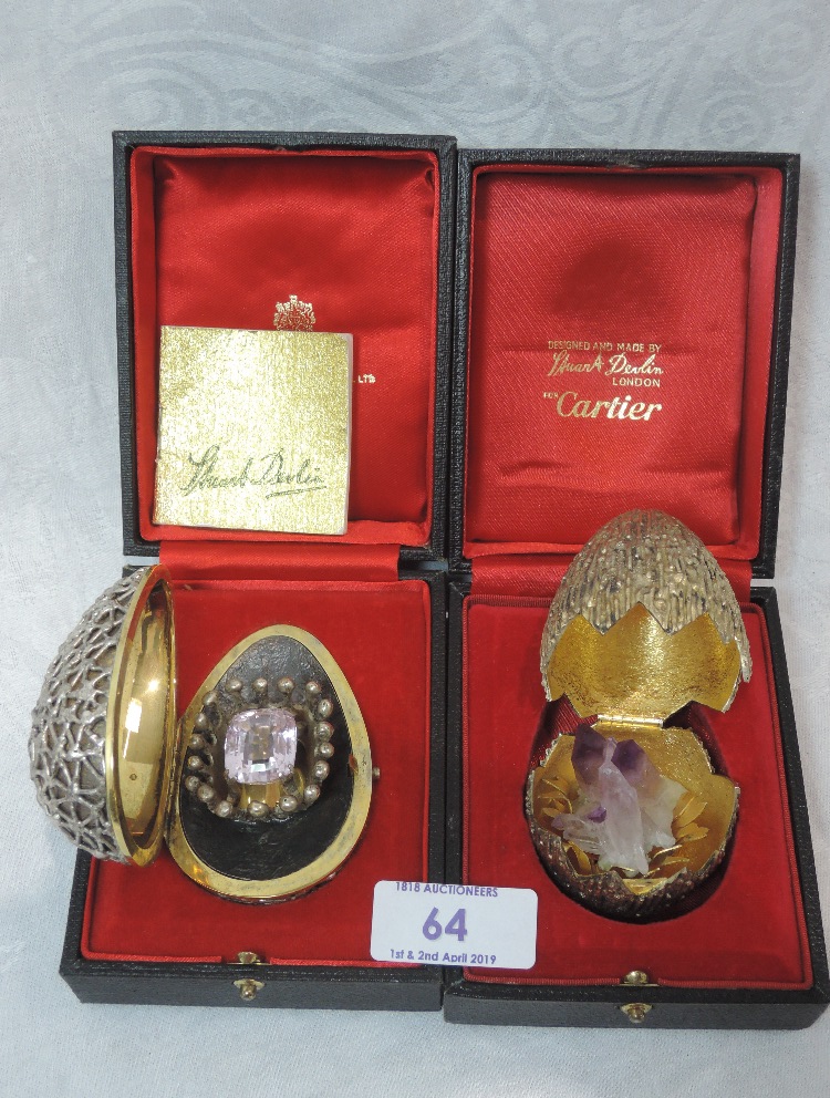Two 1960's cased Stuart Devlin silver gilt surprise eggs of exclusive unique designs, the first