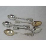 Five Victorian silver dessert spoons of fiddle back form bearing monogram B to terminals, London