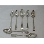 Seven assorted Georgian silver teaspoons, dates including London 1795/98/1801/28, makers Peter & Ann