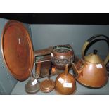 A selection of copper and brass ware including kettle tray, crumb tray etc