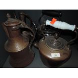 A selection of copper ware including kettle jug etc