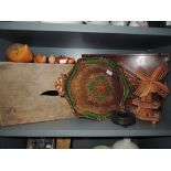 A selection of treen including inlayed tray, rustic stool and papier mache tray