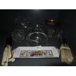 A selection of cut glass, flatware and Spode dish