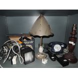 A miscellaneous selection including lamps retro telephone, iron etc