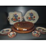 A selection of Masons Jardineire tableware and a wooden plate and bowl