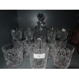 A selection of crystal tumblers and glasses including Thomas Webb and decanter